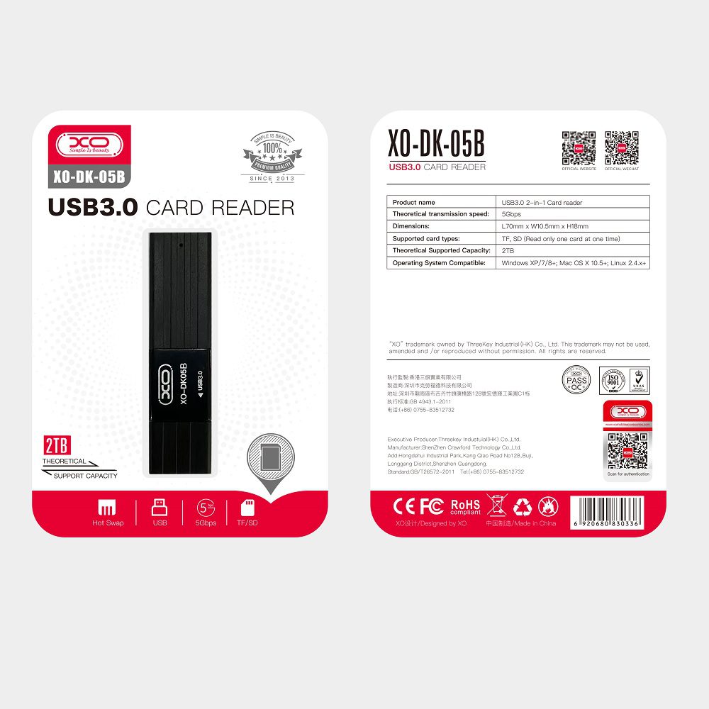 292711_oryg XO card reader 2 in 1 DK05B USB 3.0 black