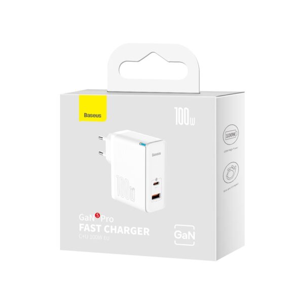 Baseus wall charger GaN5 Pro PD 100W 1x USB-C 1x USB white+ USB-C - USB-C