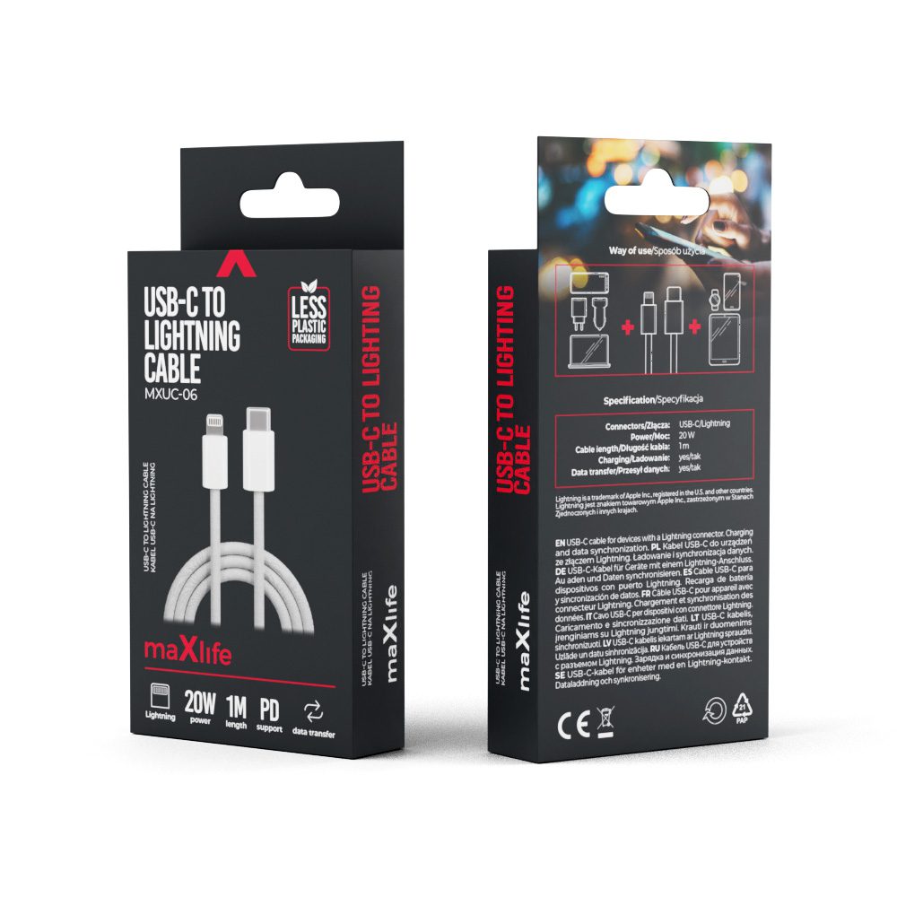 301687_oryg Maxlife MXUC-06 cable USB-C - Lightning 1,0 m 20W grey nylon