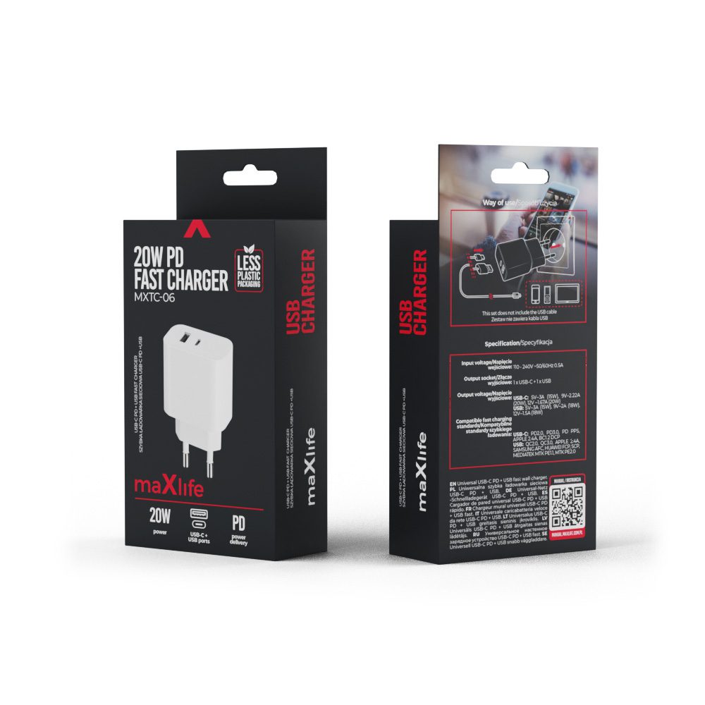 316009_oryg Maxlife MXTC-06 PD QC charger 1x USB-C 1x USB 20W white