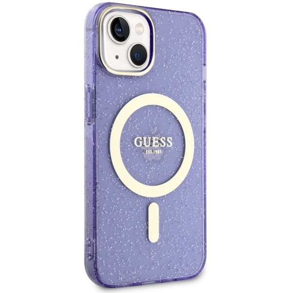 Compressed by jpeg-recompress Guess case for iPhone 14 6,1" GUHMP14SHCMCGU purple hardcase Magsafe IML Glitter Gold