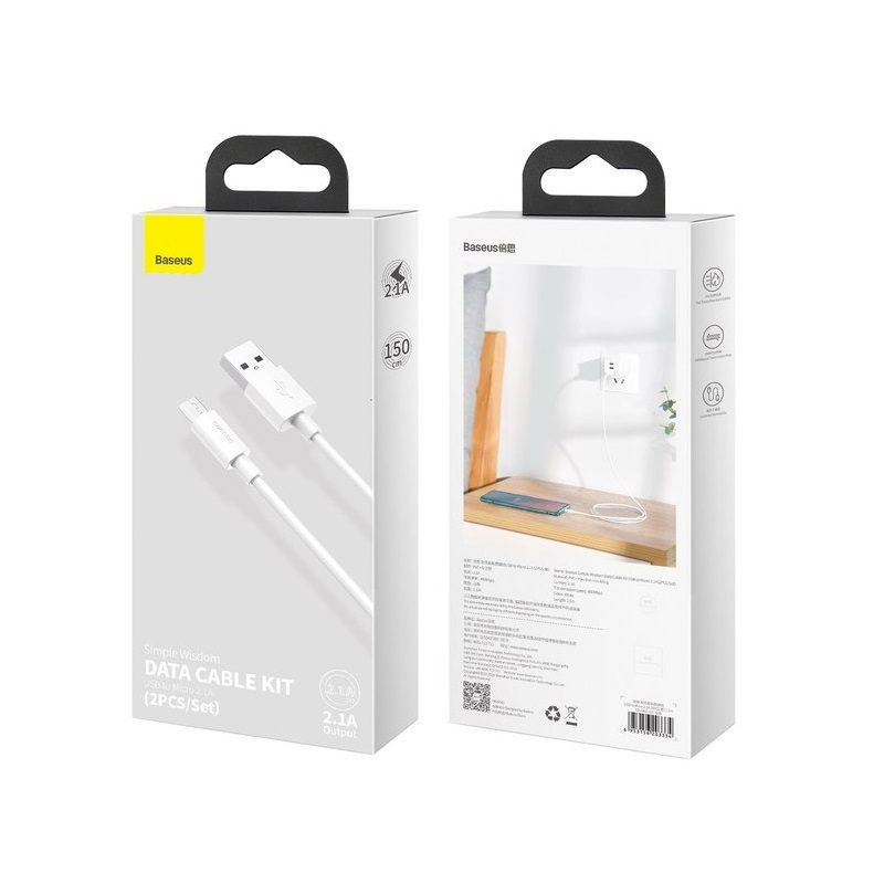 332456_oryg Baseus cable Simple Wisdom USB - microUSB 1,5 m 2,1A white 2 pcs
