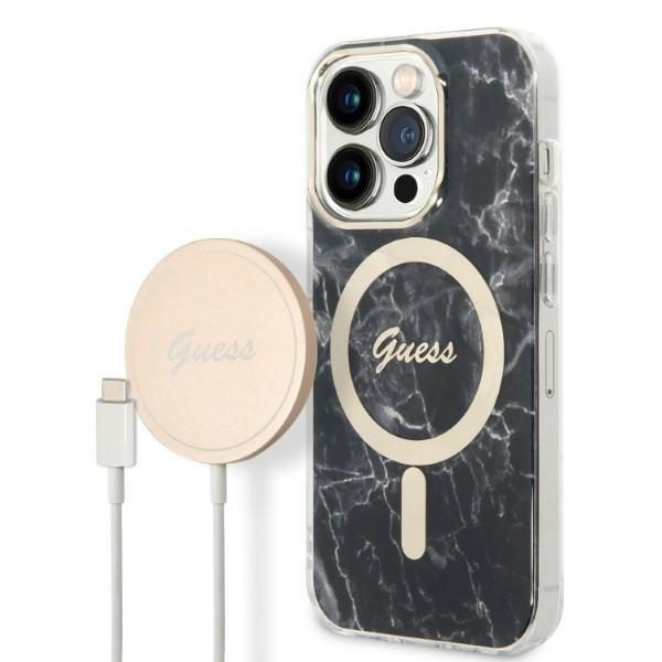 335268_oryg Guess set case + charger for iPhone 14 Pro Max 6,7" GUBPP14XHMEACSK black hard case Marble MagSafe