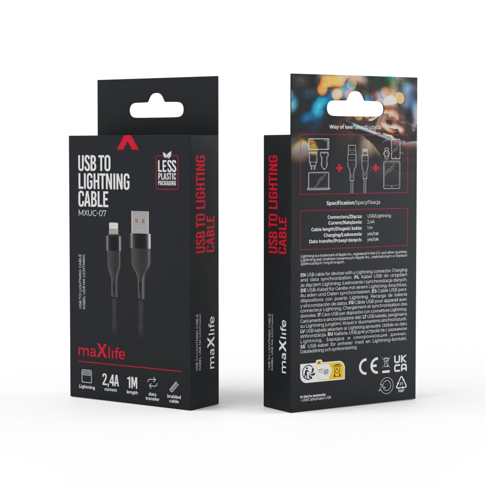 337264_oryg Maxlife MXUC-07 cable USB - Lightning 1,0 m 2,4A black nylon