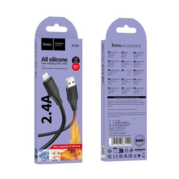 Silicone Cable USB A to Lightning Hoco 2,4A 1 m X124 black