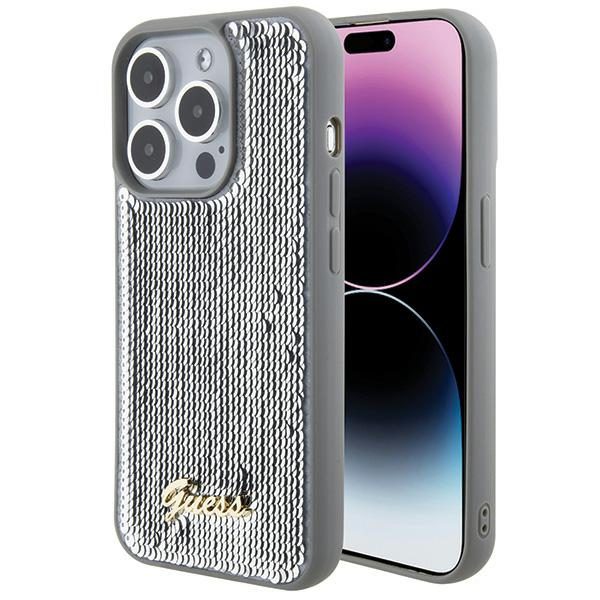 345965_oryg Guess case for iPhone 15 Pro 6,1" GUHCP15LPSFDGSS silver HC Sequin Script Metal