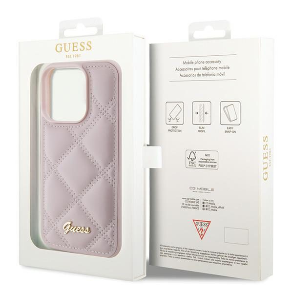 346298_oryg Guess case for iPhone 15 Pro 6,1" GUHCP15LPSQSQSP pink HC PU Quilted Metal Logo