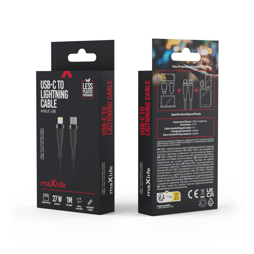 348478_oryg Maxlife MXUC-08 cable USB-C - Lightning 1,0 m 27W black nylon