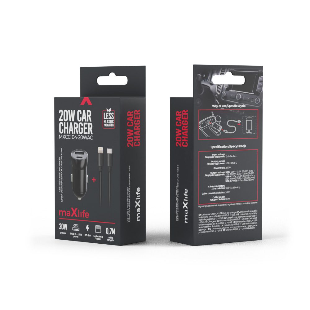 348517_oryg Maxlife MXCC-04 PD QC car charger 1x USB-C 1x USB 20W black + USB-C - Lightning cable 27W