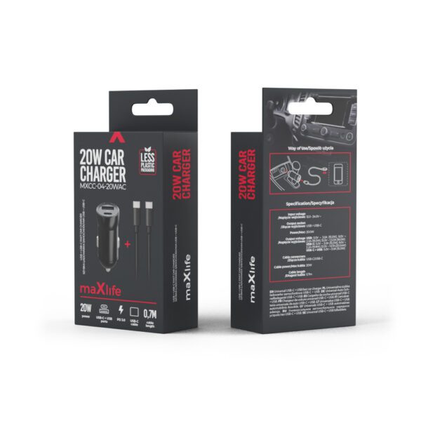 348518_oryg Maxlife MXCC-04 PD QC car charger 1x USB-C 1x USB 20W black + USB-C - USB-C cable 60W