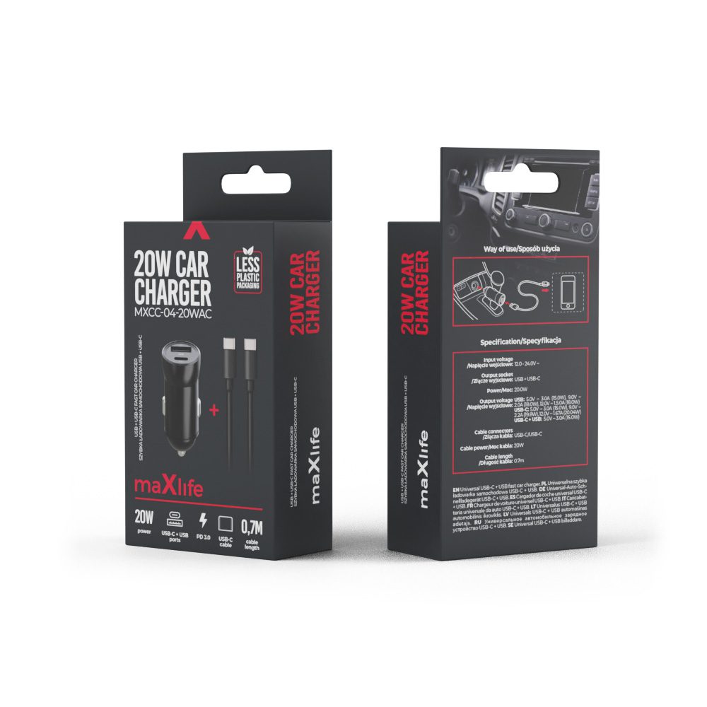 348518_oryg Maxlife MXCC-04 PD QC car charger 1x USB-C 1x USB 20W black + USB-C - USB-C cable 60W