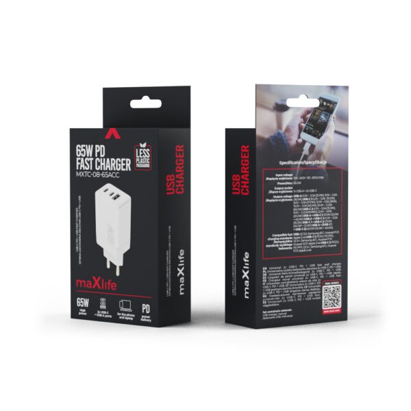 Maxlife MXTC-08-65ACC PD QC charger 2x USB-C 1x USB 65W white