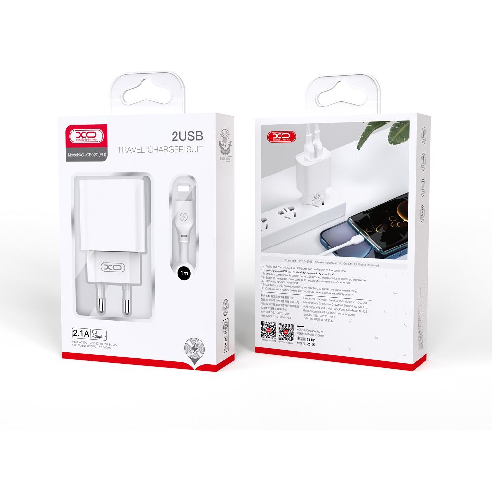 348905_oryg XO wall charger CE02C 2x USB 2,1A white + USB-C cable