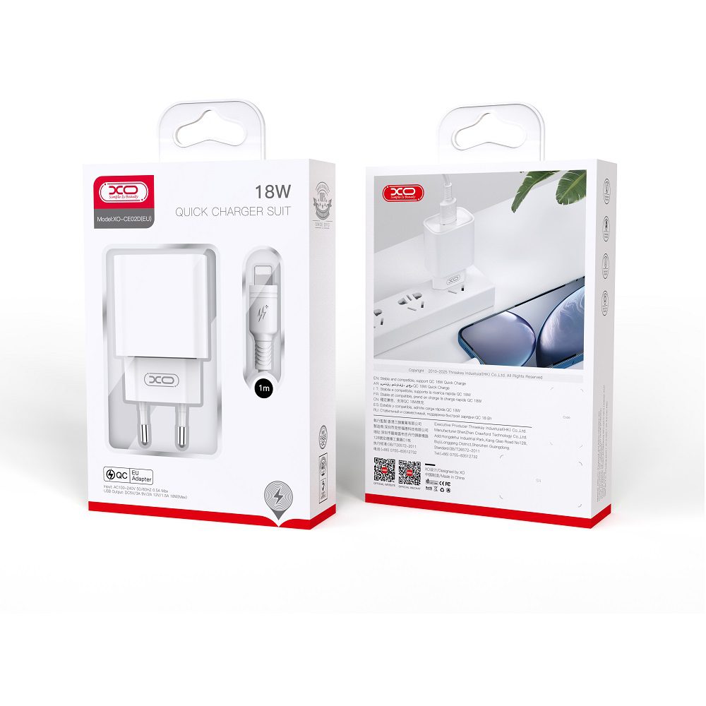 348920_oryg XO wall charger CE02D QC 3.0 18W 1x USB white + USB-C cable