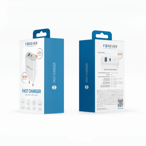 Forever TC-07-30AC PD QC charger 1x USB-C 1x USB 30W white