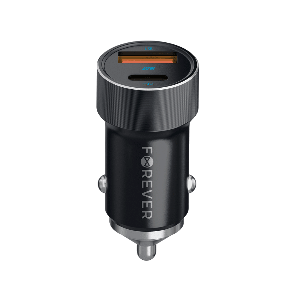 349529_oryg Forever CC-06 PD QC car charger 1x USB-C 1x USB 20W black + USB-C - USB-C cable 60W