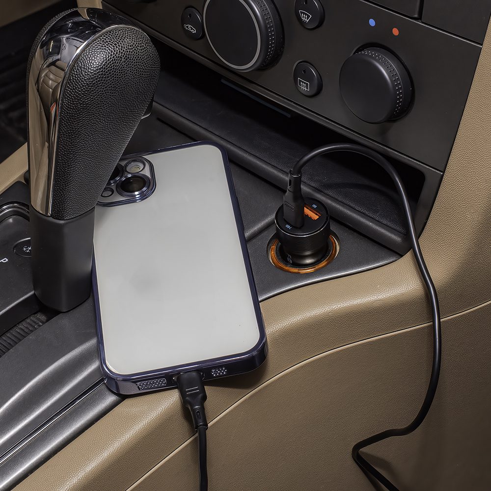 351570_oryg Forever CC-06 PD QC car charger 1x USB-C 1x USB 20W black + USB-C - USB-C cable 60W