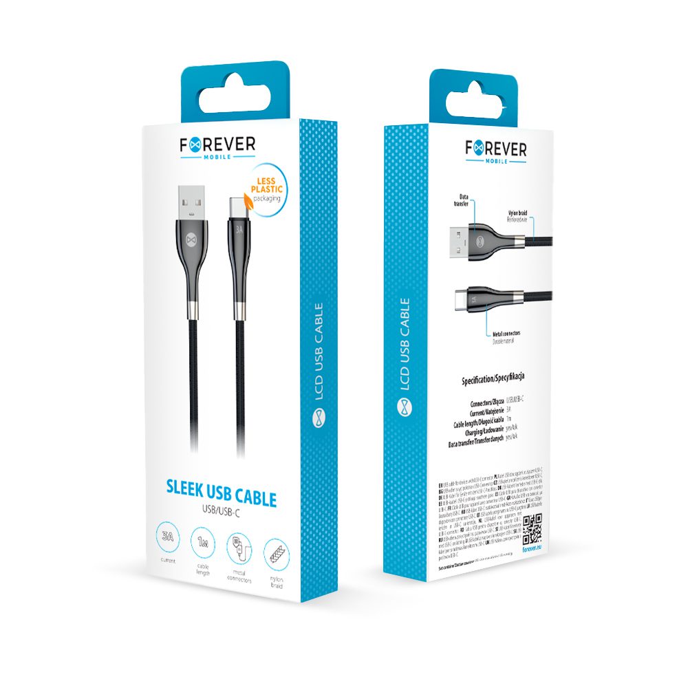 Forever Sleek cable USB - USB-C 1,0 m 3A black