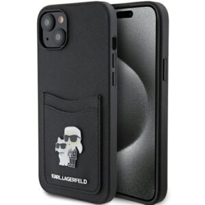 Karl Lagerfeld case for iPhone 15 6,1" KLHCP15SSAPKCNPK black hardcase Saffiano Cardslot Karl&Choupette Metal Pin