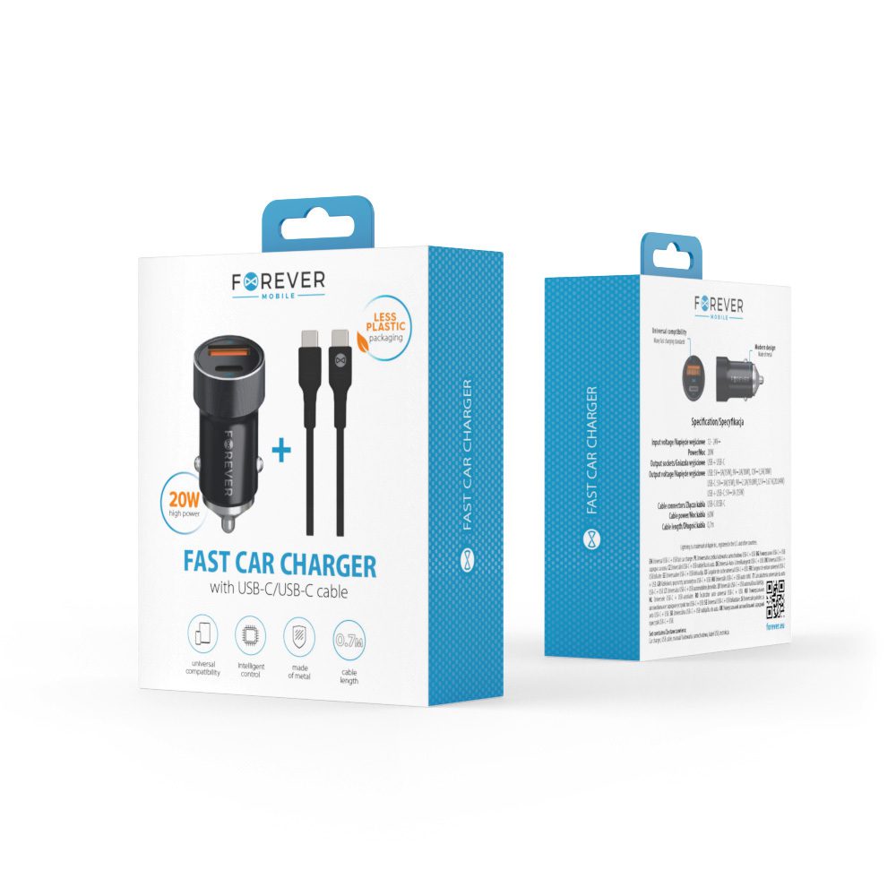 359440_oryg Forever CC-06 PD QC car charger 1x USB-C 1x USB 20W black + USB-C - USB-C cable 60W