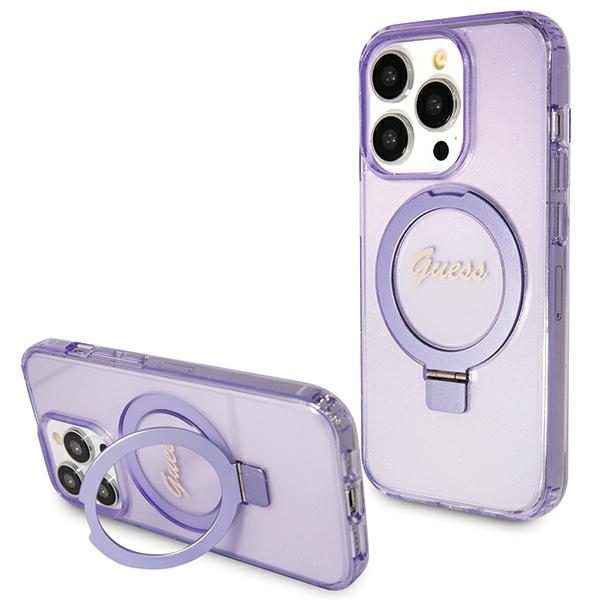 360913_oryg Guess case for iPhone 15 Pro 6,1" GUHMP15LHRSGSU purple HC RING STAND MAGSAFE SCRIPT LOGO GLITTER