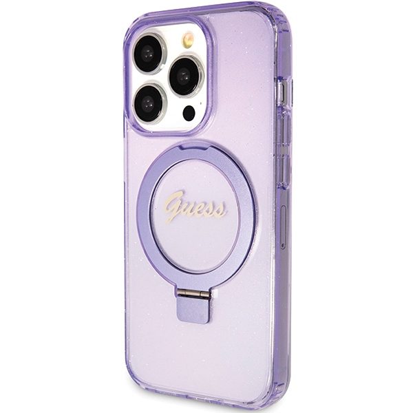 360914_oryg Guess case for iPhone 15 Pro 6,1" GUHMP15LHRSGSU purple HC RING STAND MAGSAFE SCRIPT LOGO GLITTER