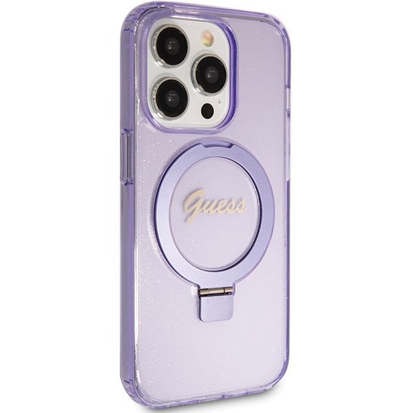 360916_oryg Guess case for iPhone 15 Pro 6,1" GUHMP15LHRSGSU purple HC RING STAND MAGSAFE SCRIPT LOGO GLITTER