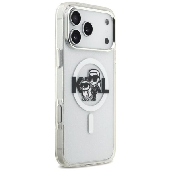 KARL LAGERFELD case for IPHONE 17 Pro Max compatible with MagSafe KLHMP17XHGKCGKBT (IML Glitter K&C Sketch Logo) transparent