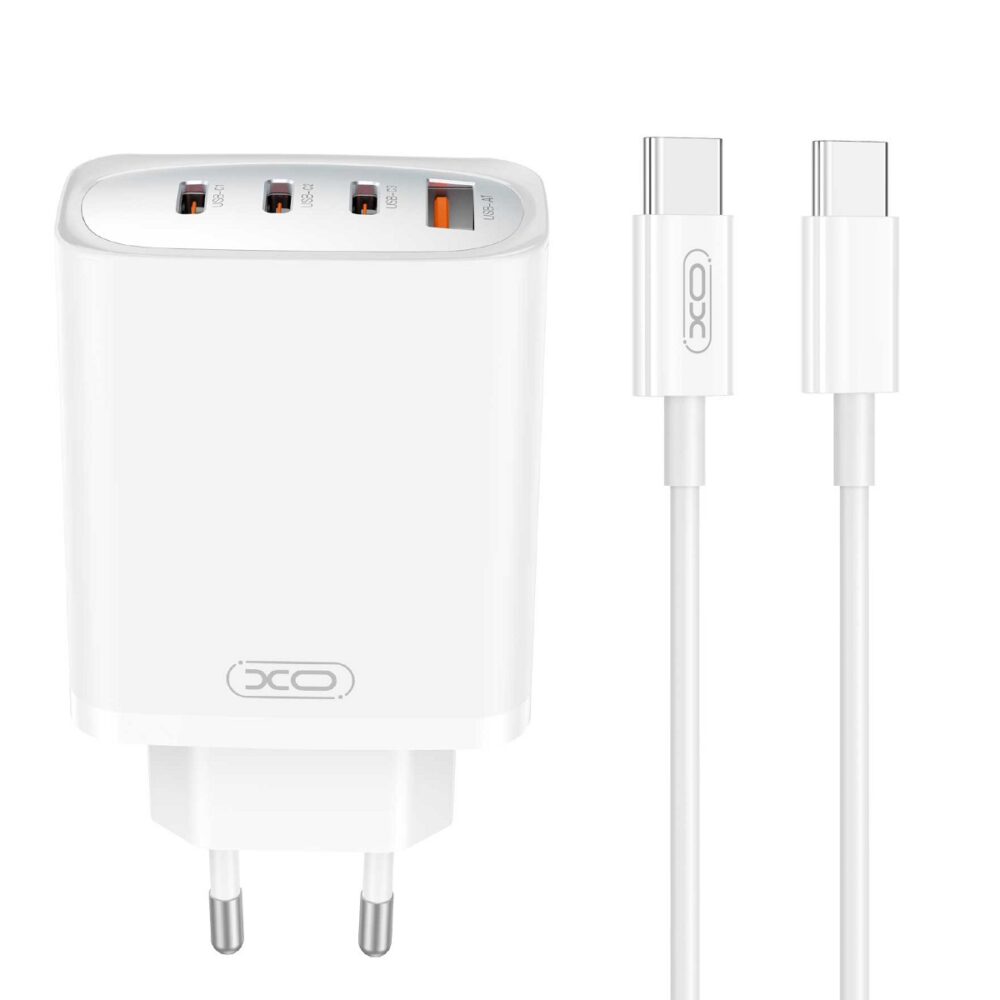 369257_oryg XO wall charger CE23 PD 65W 3x USB-C 1x USB white + cable USB-C - USB-C