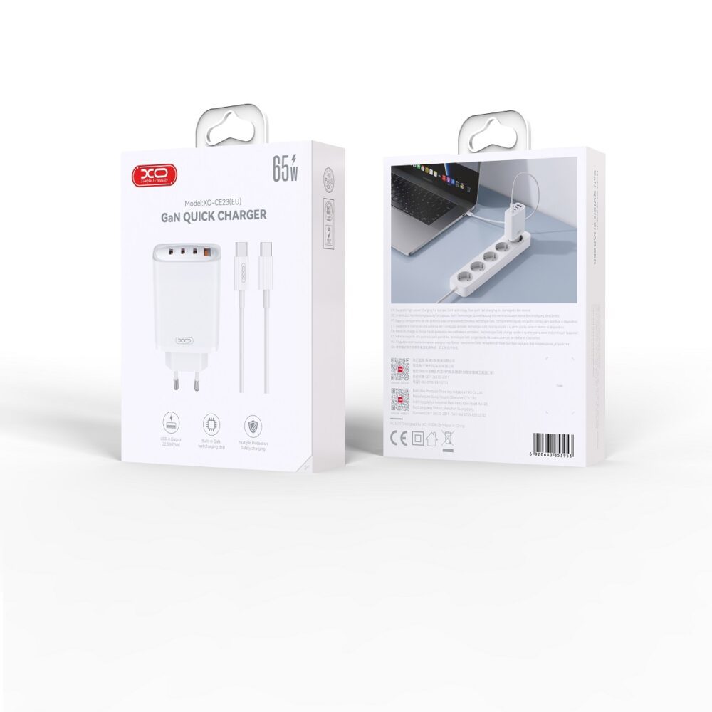 369259_oryg XO wall charger CE23 PD 65W 3x USB-C 1x USB white + cable USB-C - USB-C