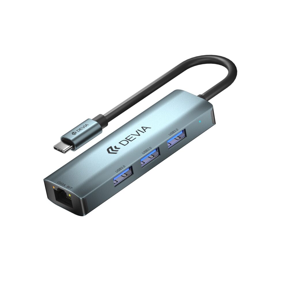 370089_oryg Devia adapter HUB 4in1 EC621 USB-C 3.1 to 3x USB 3.0 + RJ45 deep gray