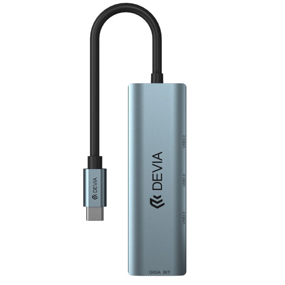 370090_oryg Devia adapter HUB 4in1 EC621 USB-C 3.1 to 3x USB 3.0 + RJ45 deep gray
