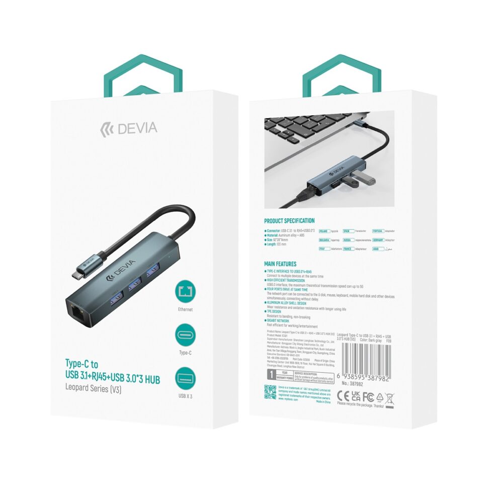 370092_oryg Devia adapter HUB 4in1 EC621 USB-C 3.1 to 3x USB 3.0 + RJ45 deep gray