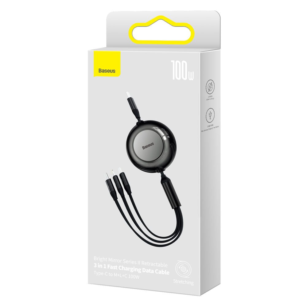 Baseus cable Bright Mirror 2 3w1 USB - micro USB + Lightning + USB-C 1,1m 100W black retractable