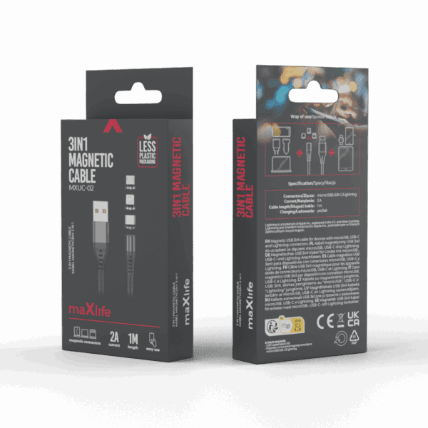 376322_oryg Maxlife MXUC-02 magnetic cable USB - Lightning + USB-C + microUSB 1,0 m 2A black nylon