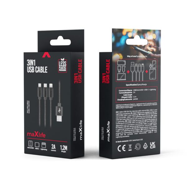 Maxlife 3in1 cable USB - Lightning + USB-C + microUSB 1,0 m 2,1A black nylon