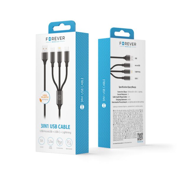 Forever 3in1 cable USB - Lightning + USB-C + microUSB 1,2 m 2A black