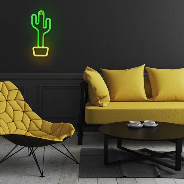Interior of stylish living room with sofa and Mexican pinata decorated for Birthday party. Generative AI Neon LED Light CACTUS orange green Bat + USB FLNE02 Forever Light