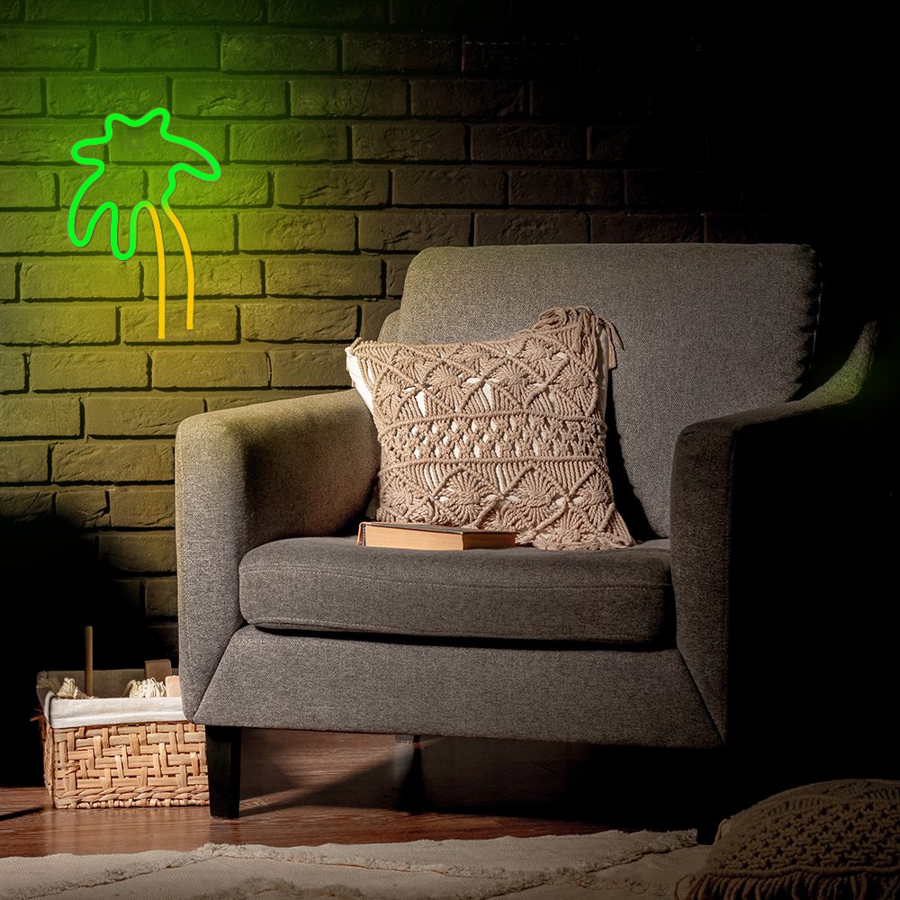Interior of stylish living room with sofa and Mexican pinata decorated for Birthday party. Generative AI Neon LED Light PALM green orange NNE04 Neolia