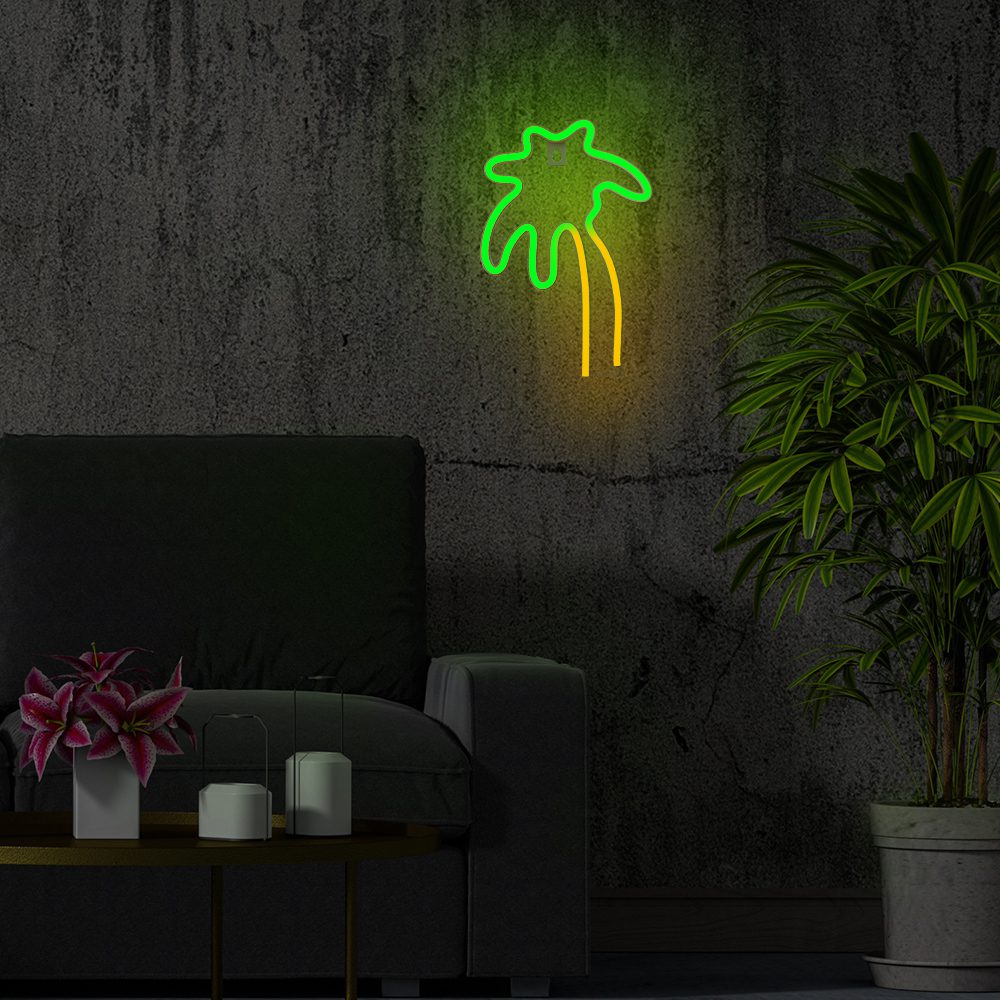 Interior of stylish living room with sofa and Mexican pinata decorated for Birthday party. Generative AI Neon LED Light PALM green orange NNE04 Neolia