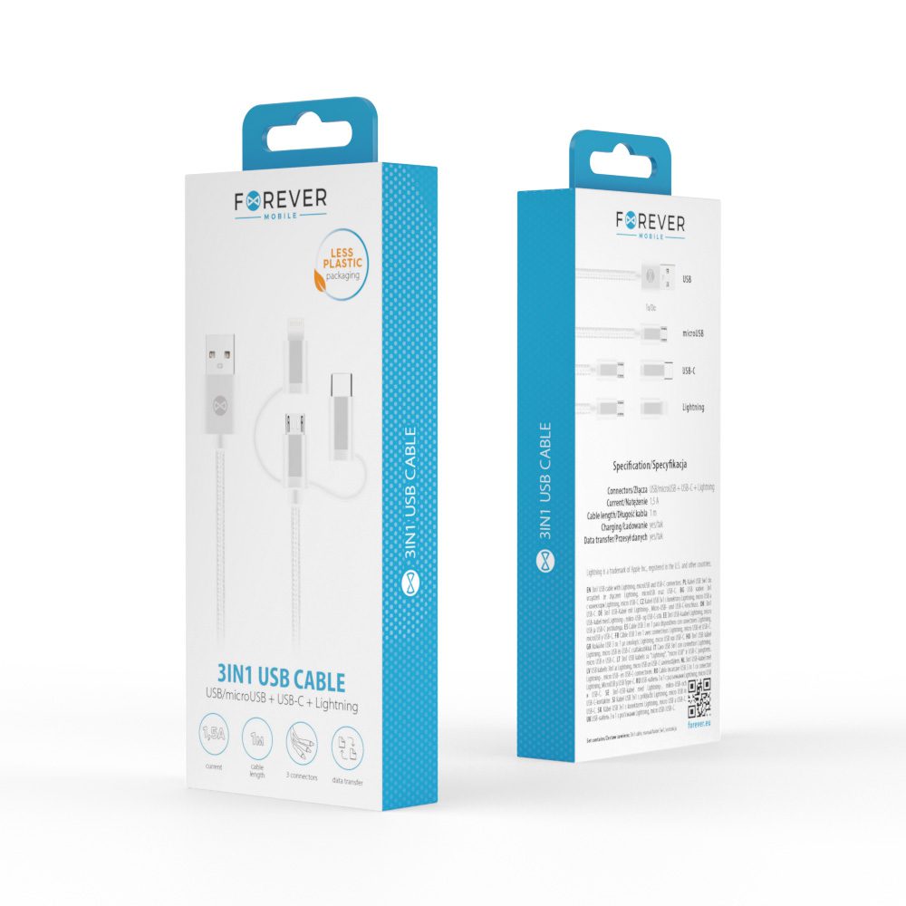 381171_oryg Forever 3in1 cable USB - Lightning + USB-C + microUSB 1,0 m 1,5A white