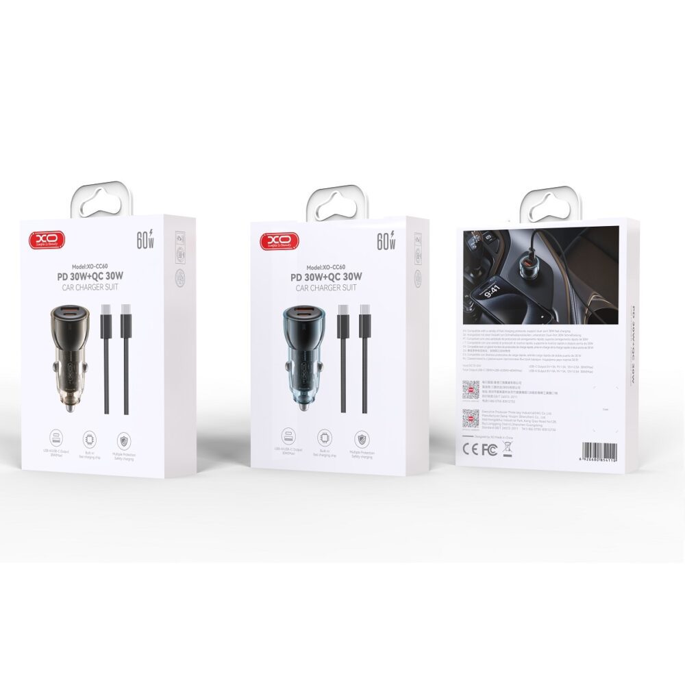 382701_oryg XO car charger CC60 60W 1x USB 1x USB-C black + USB-C - USB-C cable