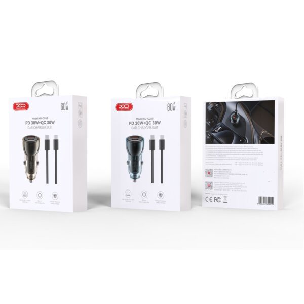 XO car charger CC60 60W 1x USB 1x USB-C black + USB-C - USB-C cable