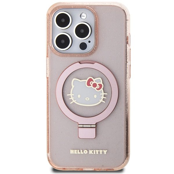 Hello Kitty case for iPhone 15 Pro 6,1" pink hardcase Ring Stand Glitter Electrop Logo MagSafe