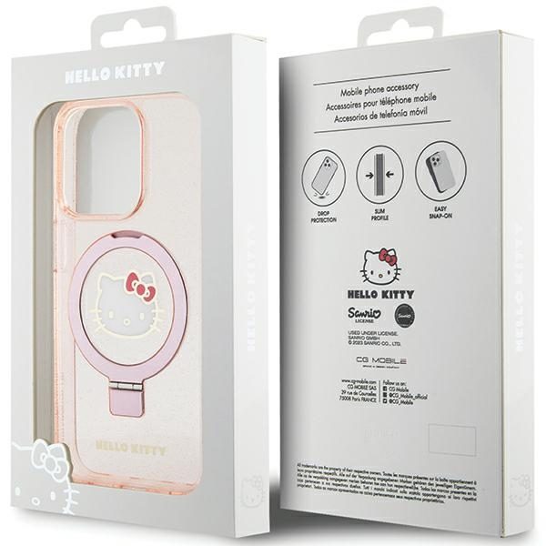 Hello Kitty case for iPhone 15 Pro 6,1" pink hardcase Ring Stand Glitter Electrop Logo MagSafe