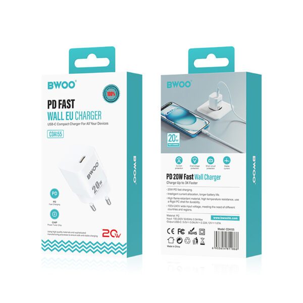 BWOO CDA155 PD wall charger 1x USB-C port 1A 20W white