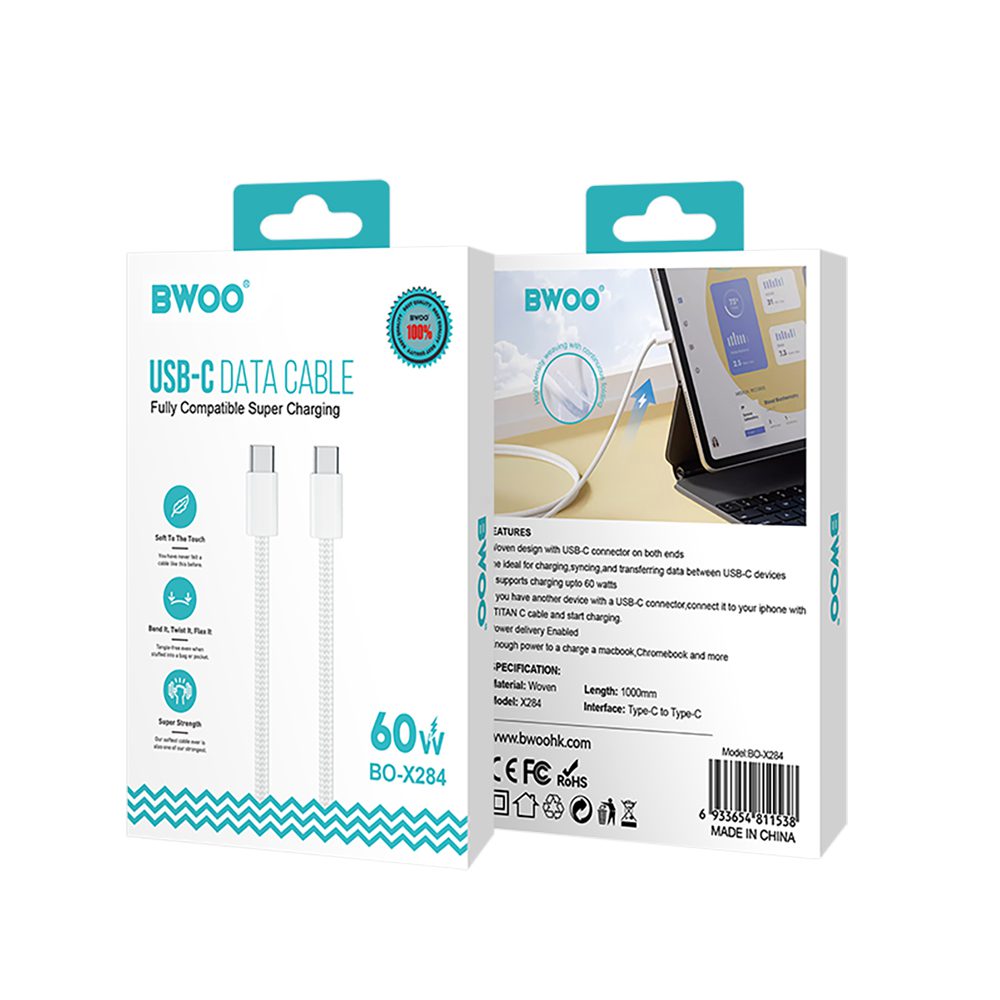 BWOO Cable USB-C - USB-C 1m 60W for iPhone 15 BO-X284 white