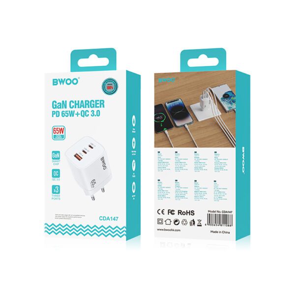 BWOO CDA147PD wall charger 2x USB-C port + USB-A 65W white