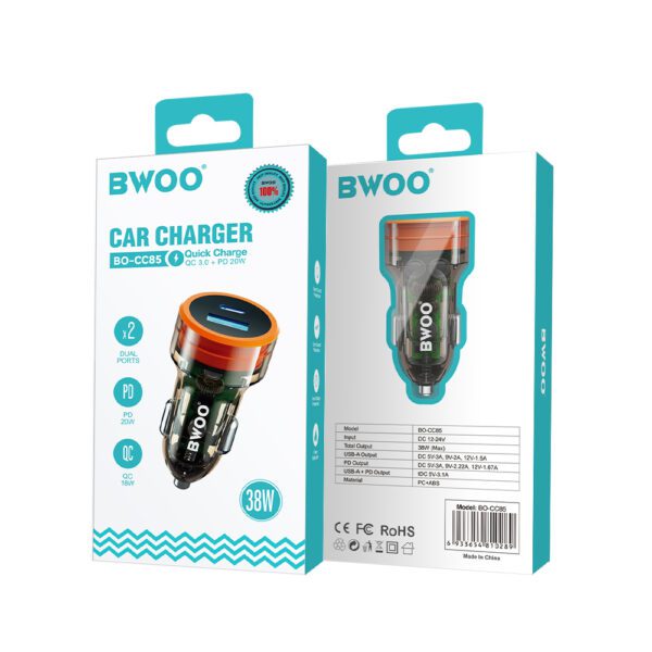 391223_oryg BWOO PD car charger 1x USB-C - USB-A port 38W transparent
