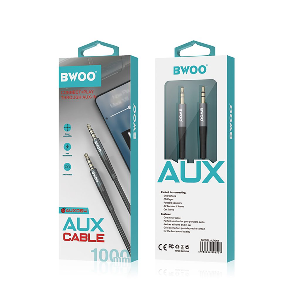392592_oryg BWOO Cable AUX 3.5mm - 3.5mm Nylon Braided + Aluminum Alloy Shell BO-AUX064 black